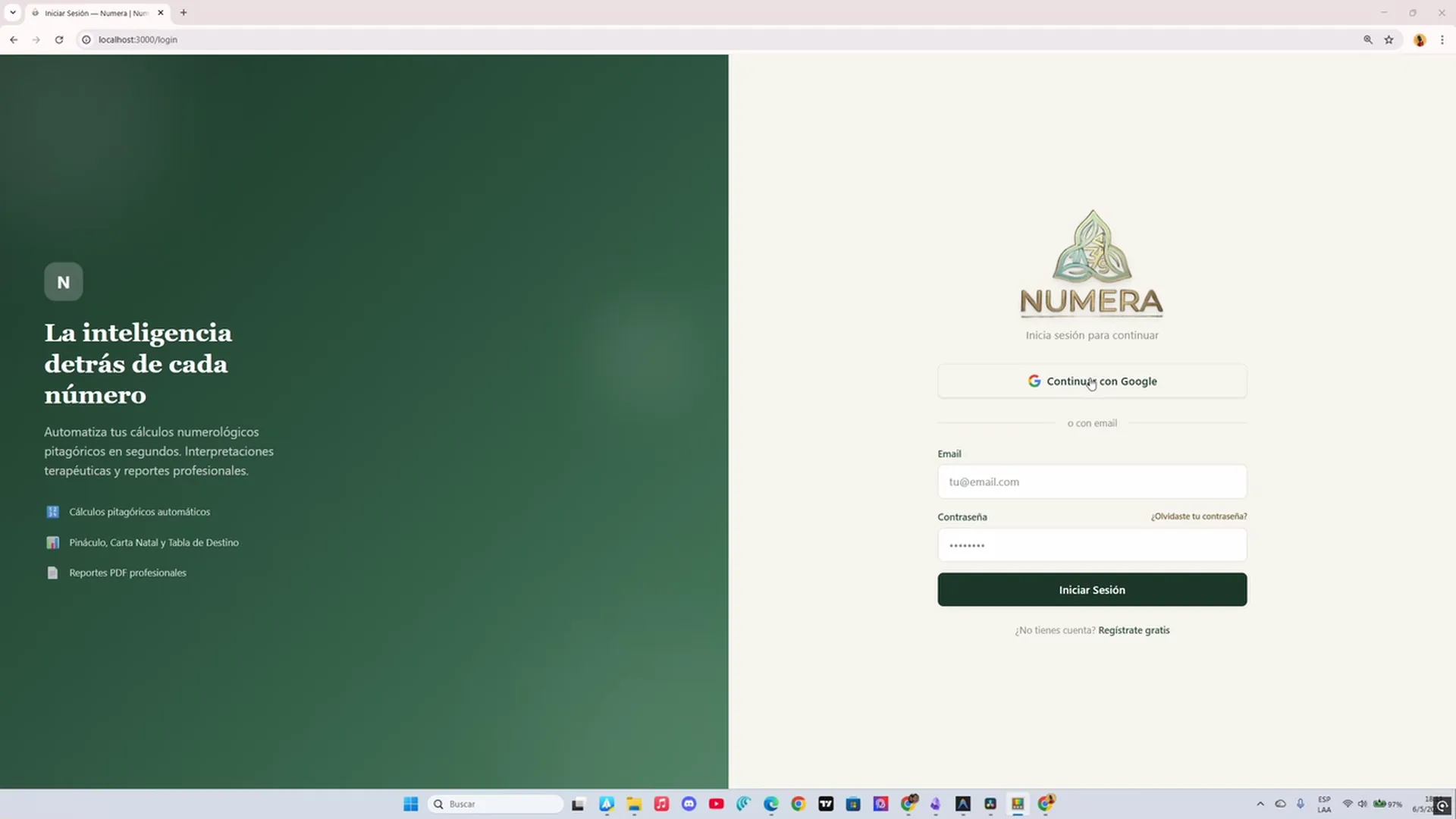 Pantalla de Carta Natal en Numera